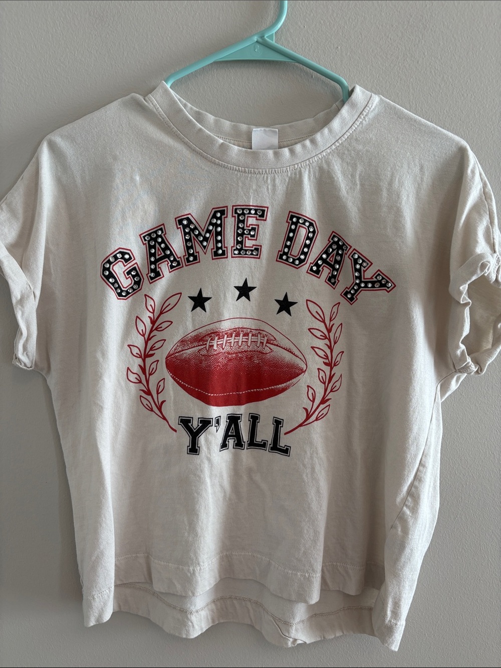 PINK Victoria's Secret Cream Tee with Red and Black Game Day Graphic